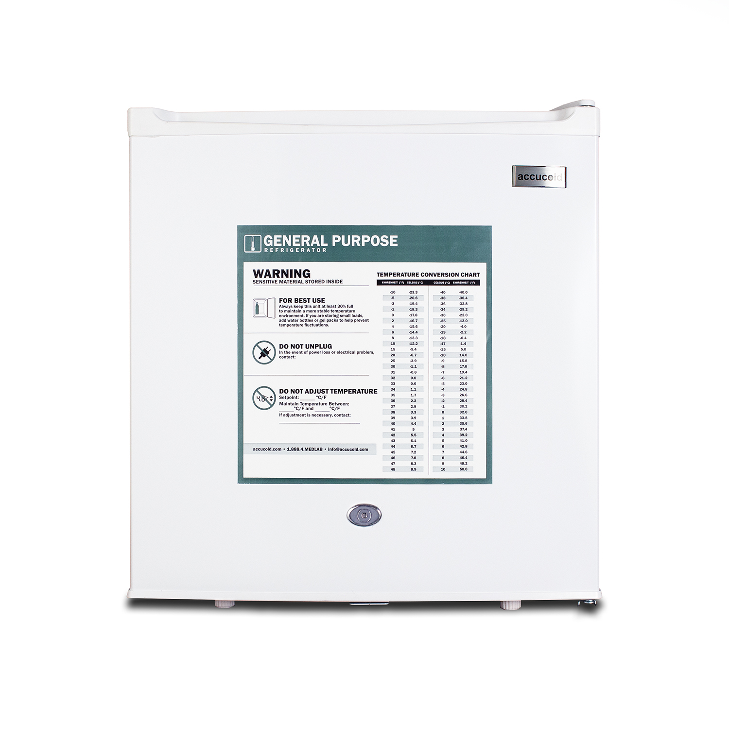 Compact 1.7 cu.ft. general purpose all-refrigerator in white with automatic defrost, front lock, and flat door liner